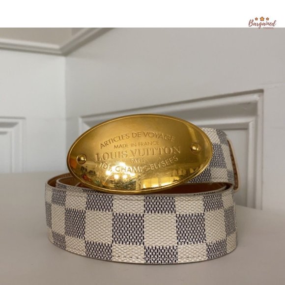 Authentic Louis Vuitton Damier Azur Canvas Leather Voyage Belt Size 85/34 M9837